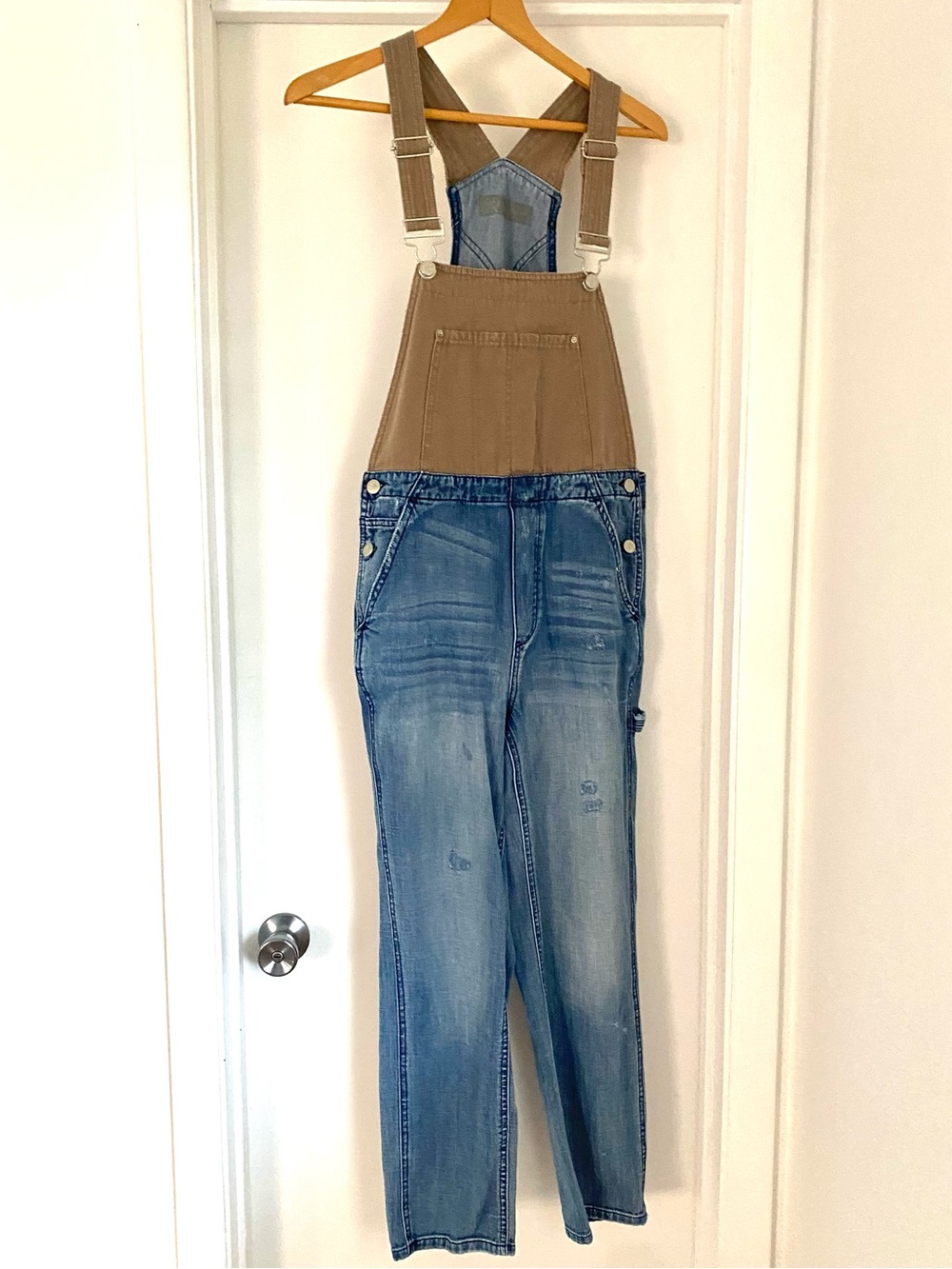 Blue revival Two-Tone Denim Overalls - Beige Bib, Light Blue Jeans (size small)